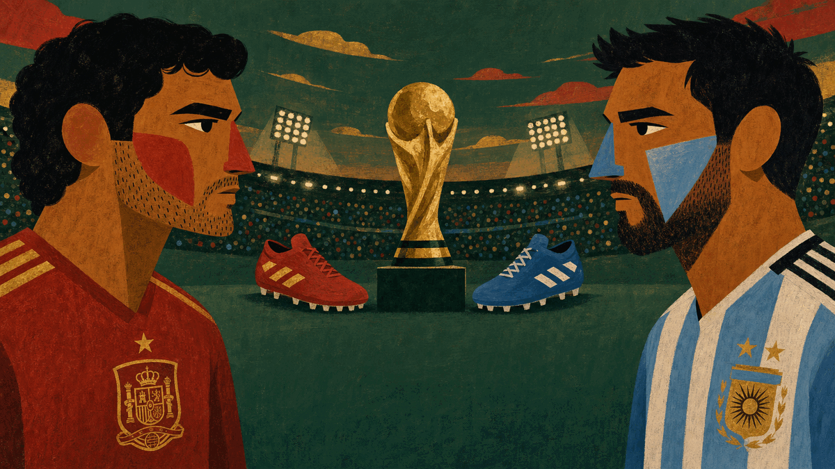 Cover illustration for The final, read two ways: Spain's control, Argentina's late